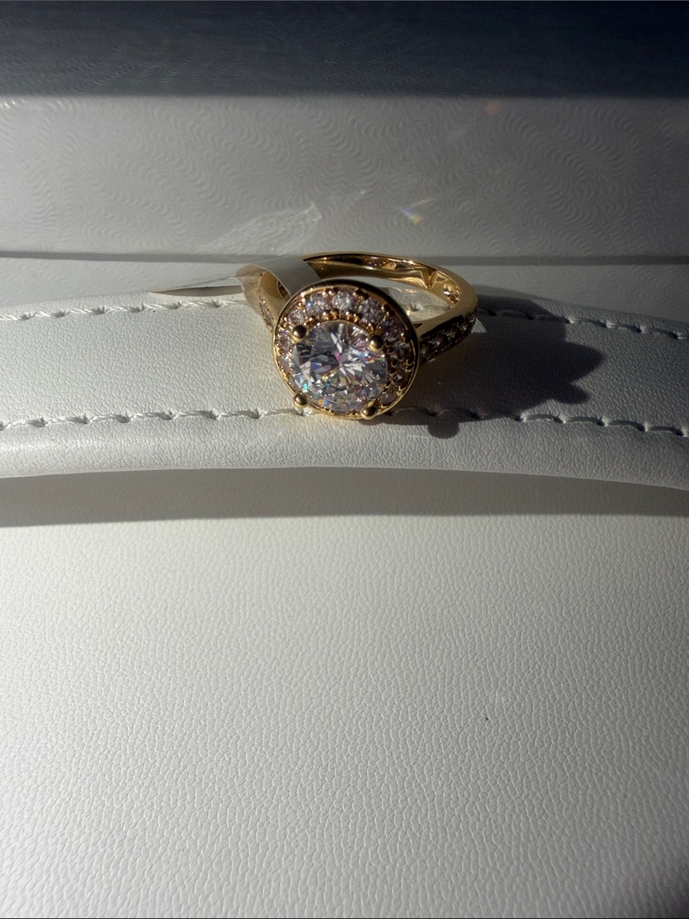 Gold plated Halo Solitaire Ring with Clear Center Stone
